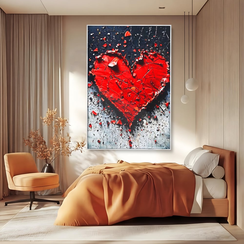 Tablou canvas cu tablou canvas cu o inima rosie crapata, in rama de aluminiu argintiu, pe perete intr-un dormitor
