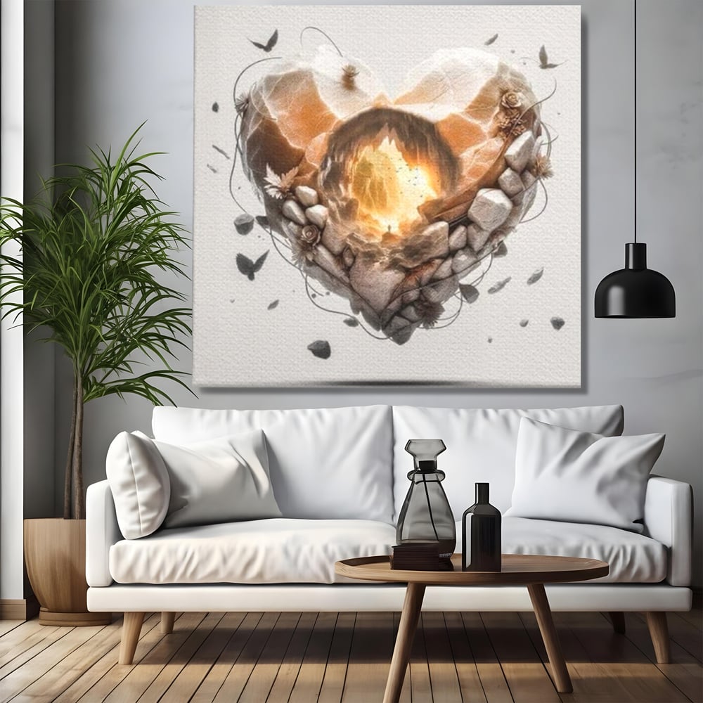 Tablou canvas cu ilustratie digitala inima din piatra, fara rama, pe sasiu de lemn, pe perete intr-un living