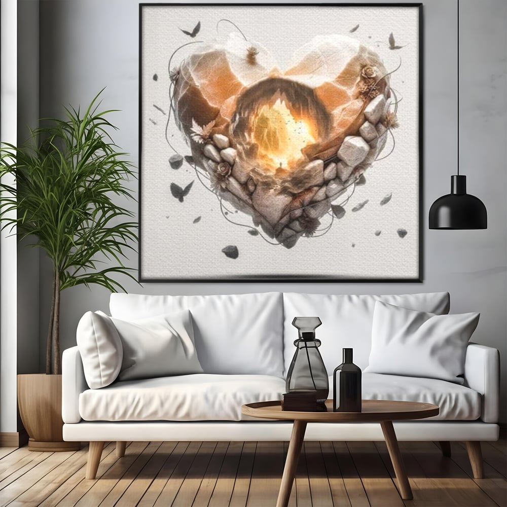 Tablou canvas cu ilustratie digitala inima din piatra, in rama de aluminiu negru, pe perete intr-un living