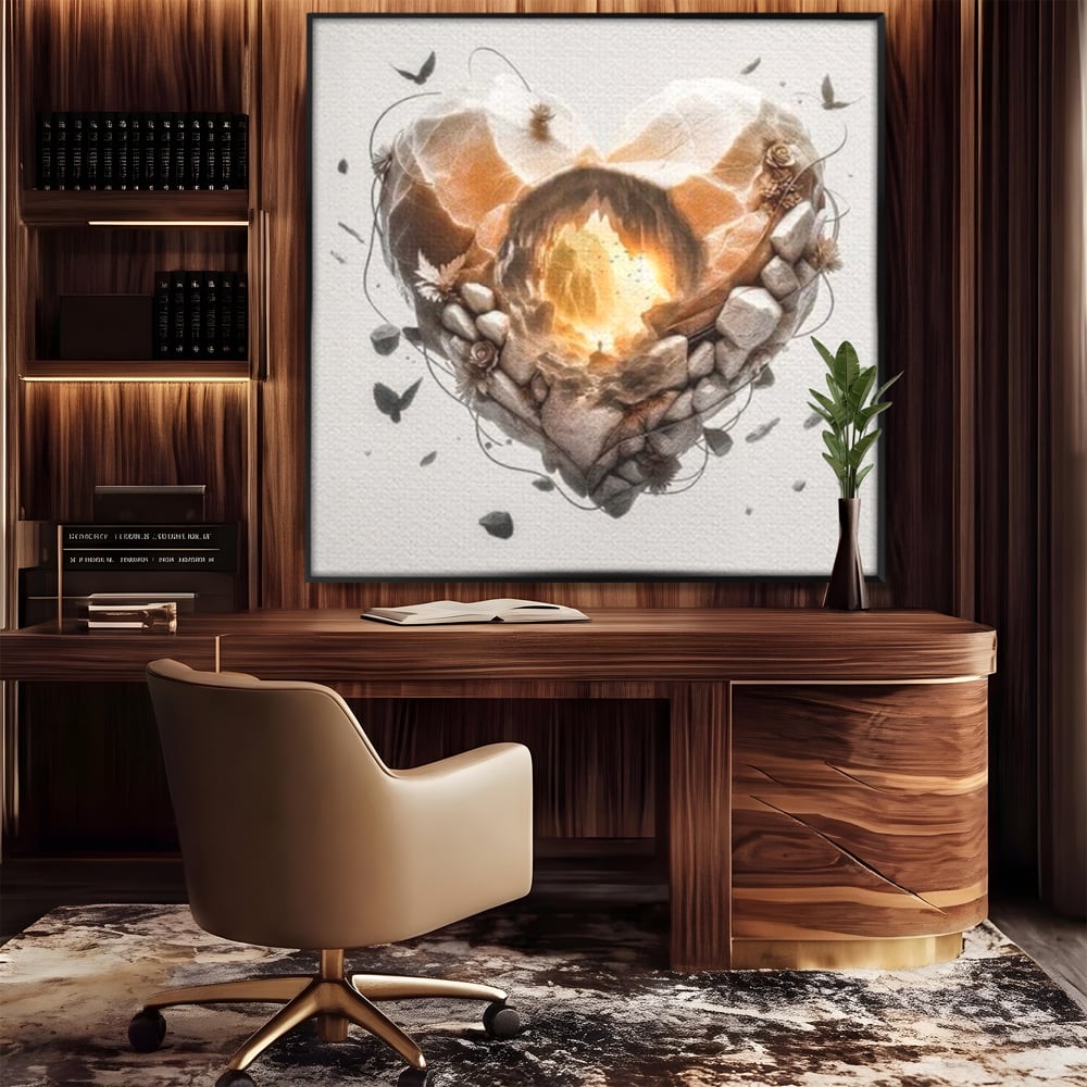 Tablou canvas cu ilustratie digitala inima din piatra, in rama de aluminiu negru, pe perete intr-un birou