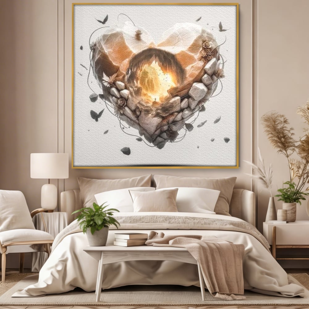 Tablou canvas cu ilustratie digitala inima din piatra, in rama de aluminiu auriu, pe perete intr-un dormitor