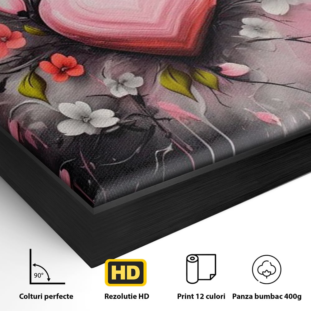 Detaliu al suprafetei: tablou canvas cu inima roz si flori, in rama de aluminiu negru