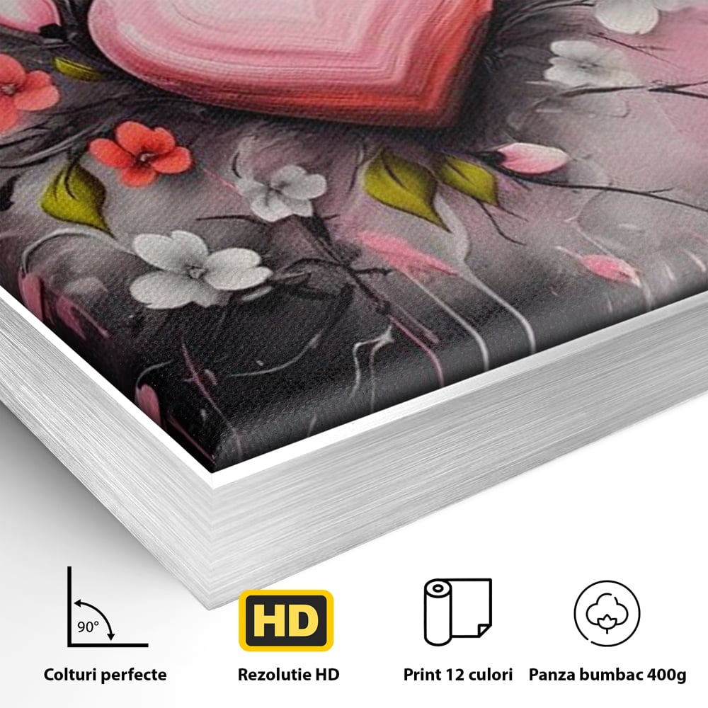 Detaliu al suprafetei: tablou canvas cu inima roz si flori, in rama de aluminiu argintiu