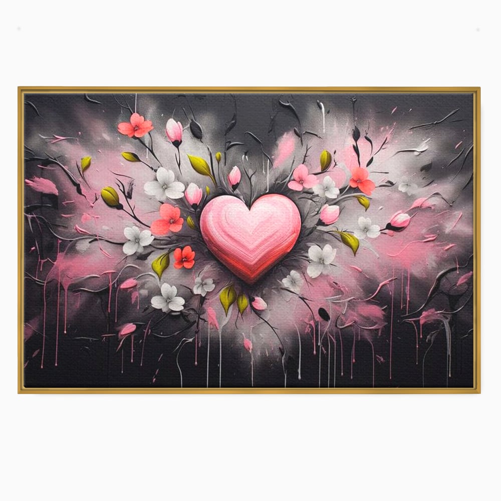 Tablou canvas cu tablou canvas cu inima roz si flori, in rama de aluminiu auriu