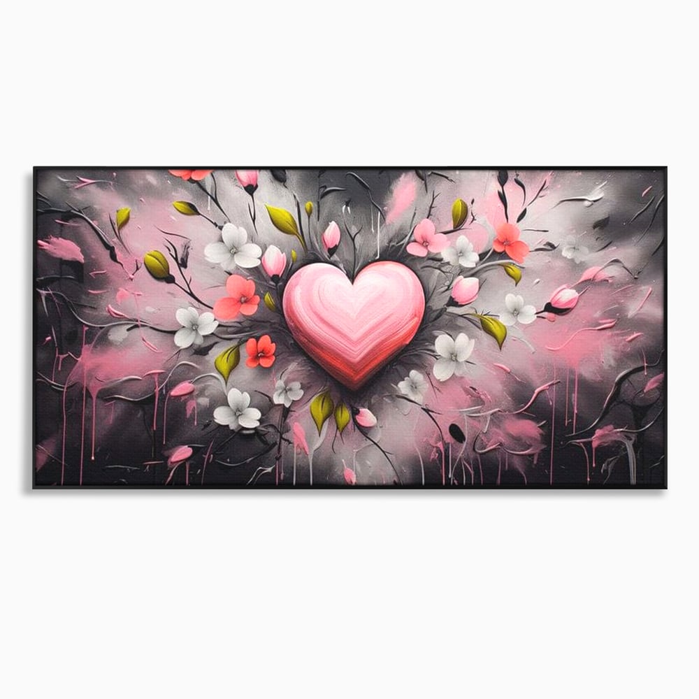 Tablou canvas cu tablou canvas cu inima roz si flori, in rama de aluminiu negru