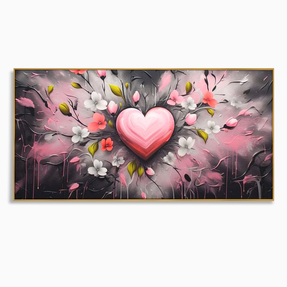 Tablou canvas cu tablou canvas cu inima roz si flori, in rama de aluminiu auriu
