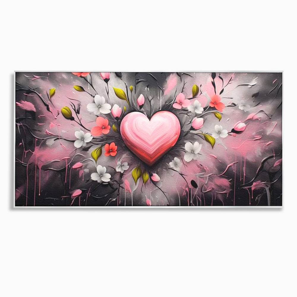 Tablou canvas cu tablou canvas cu inima roz si flori, in rama de aluminiu argintiu