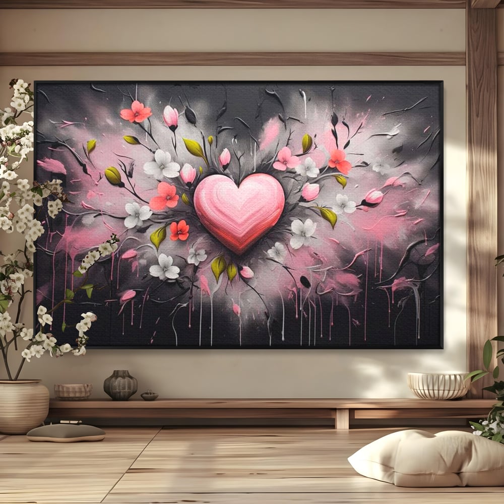 Tablou canvas cu tablou canvas cu inima roz si flori, in rama de aluminiu negru