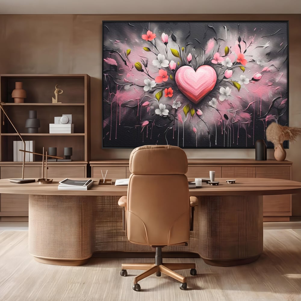 Tablou canvas cu tablou canvas cu inima roz si flori, in rama de aluminiu negru, pe perete intr-un birou