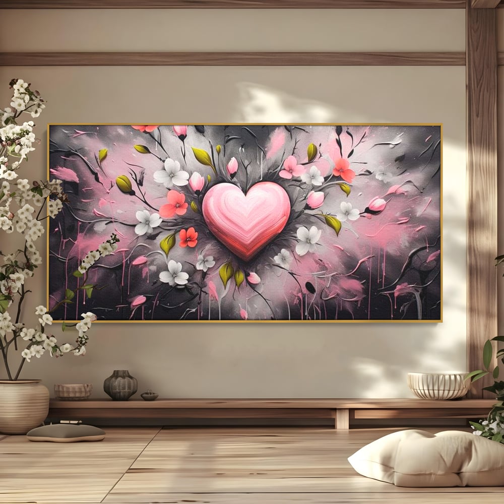 Tablou canvas cu tablou canvas cu inima roz si flori, in rama de aluminiu auriu