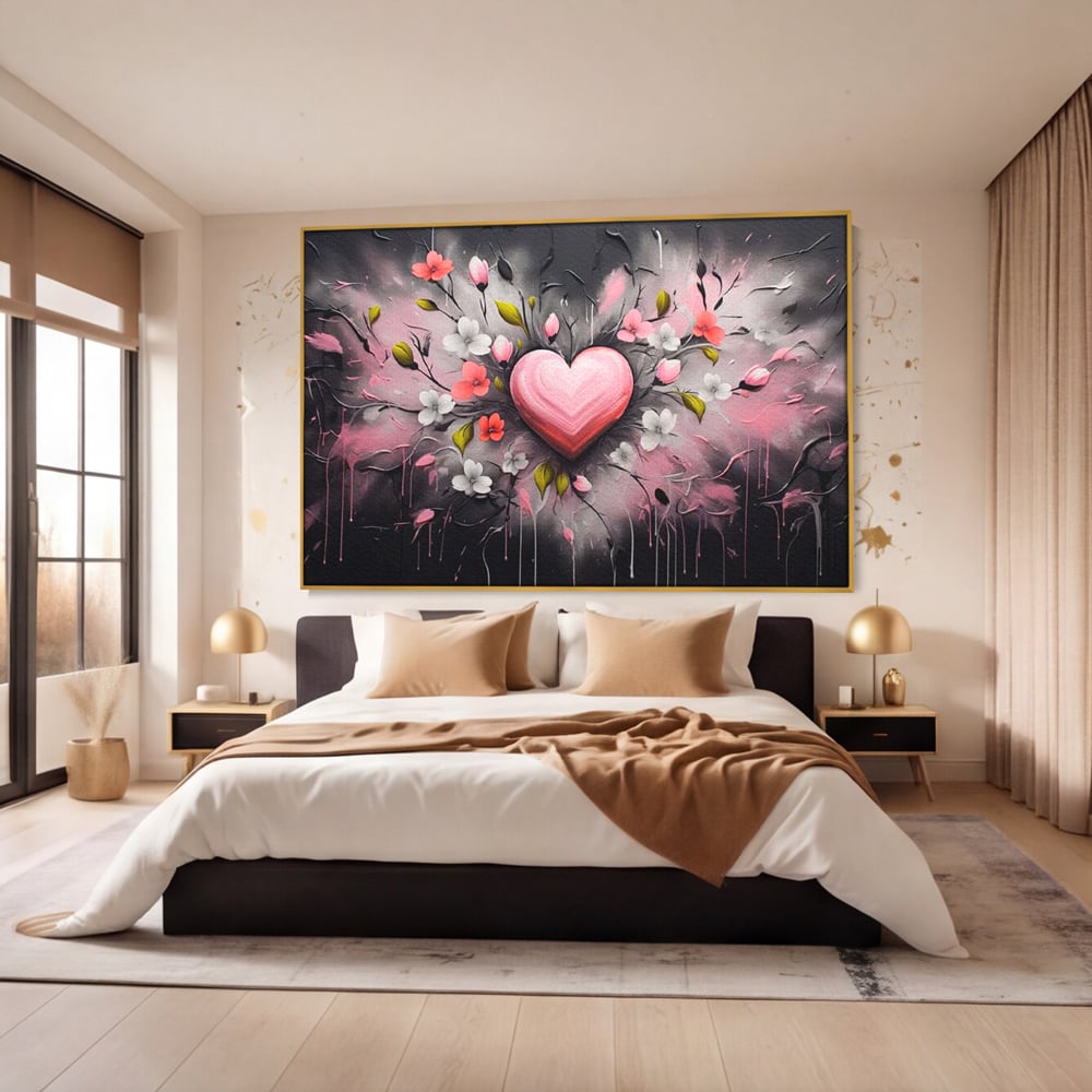 Tablou canvas cu tablou canvas cu inima roz si flori, in rama de aluminiu auriu, pe perete intr-un dormitor
