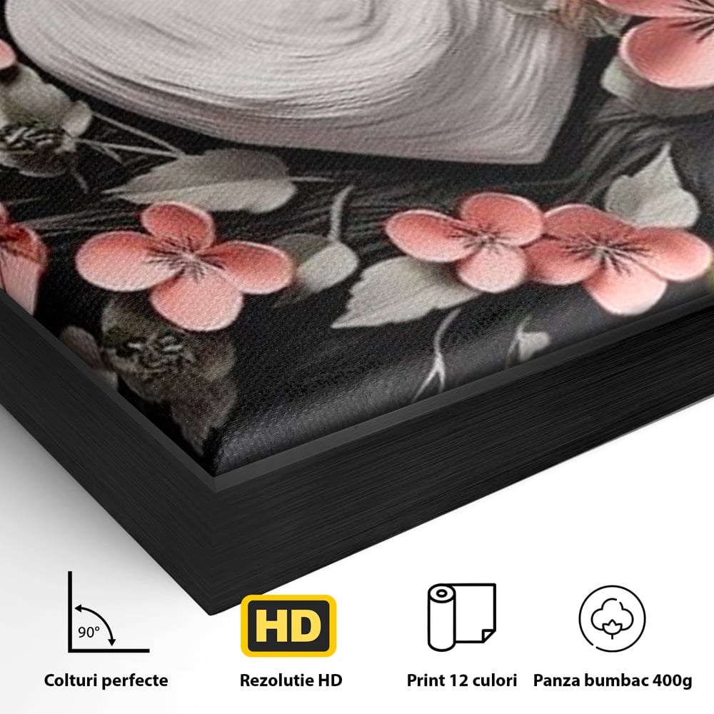 Detaliu al suprafetei: tablou canvas cu inima alba si flori roz, in rama de aluminiu negru