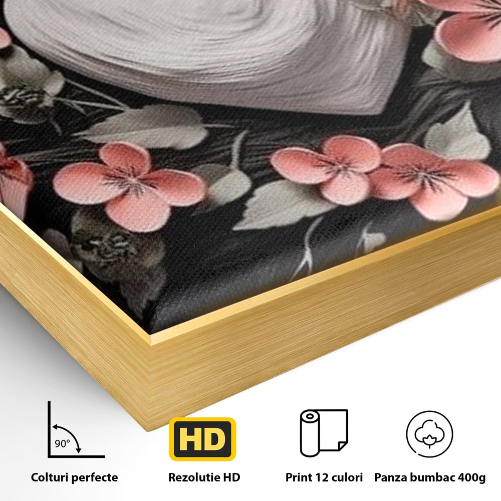 Detaliu al suprafetei: tablou canvas cu inima alba si flori roz, in rama de aluminiu auriu