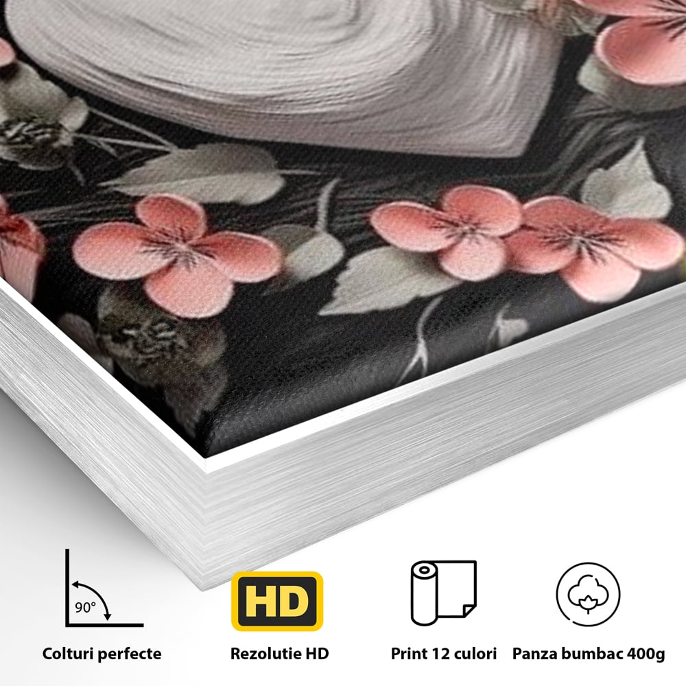 Detaliu al suprafetei: tablou canvas cu inima alba si flori roz, in rama de aluminiu argintiu