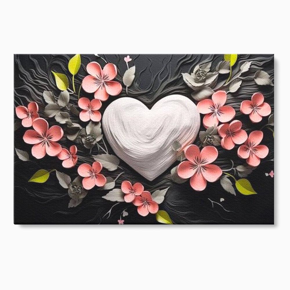 Tablou canvas cu tablou canvas cu inima alba si flori roz, fara rama, pe sasiu de lemn