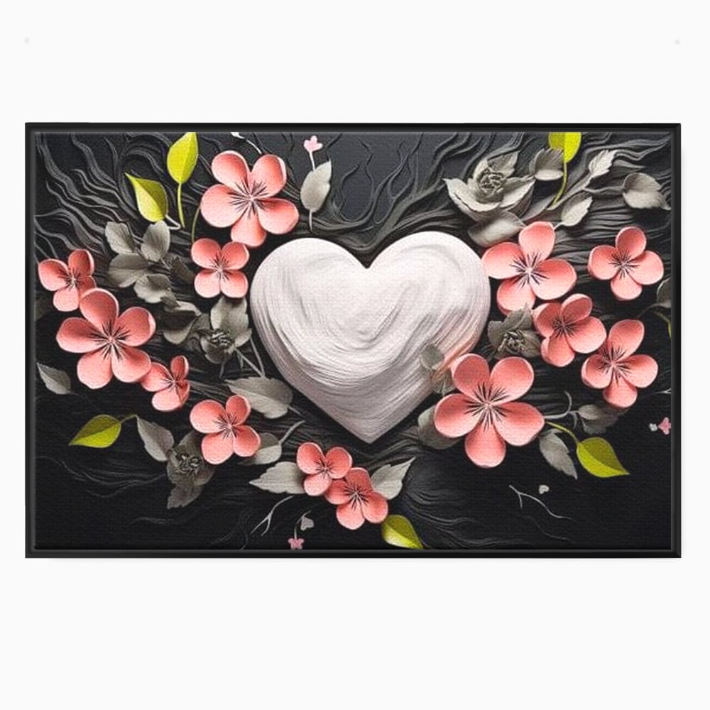 Tablou canvas cu tablou canvas cu inima alba si flori roz, in rama de aluminiu negru