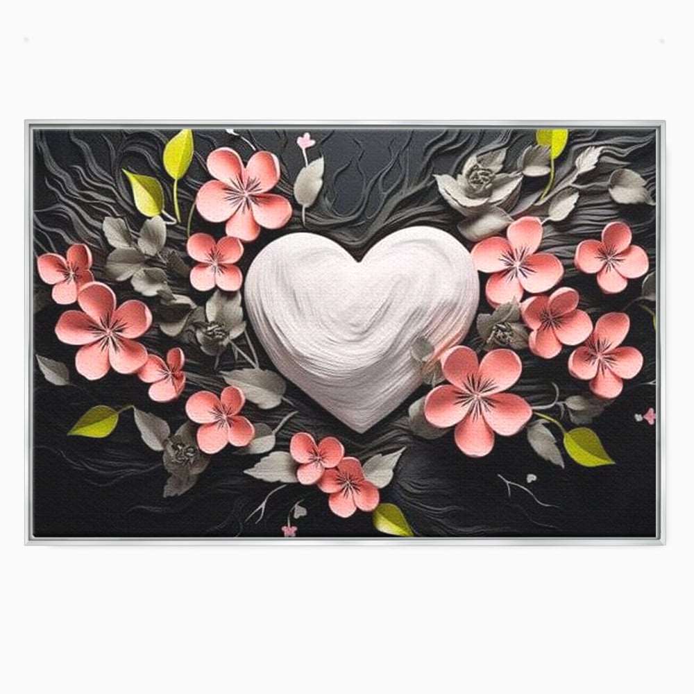 Tablou canvas cu tablou canvas cu inima alba si flori roz, in rama de aluminiu argintiu