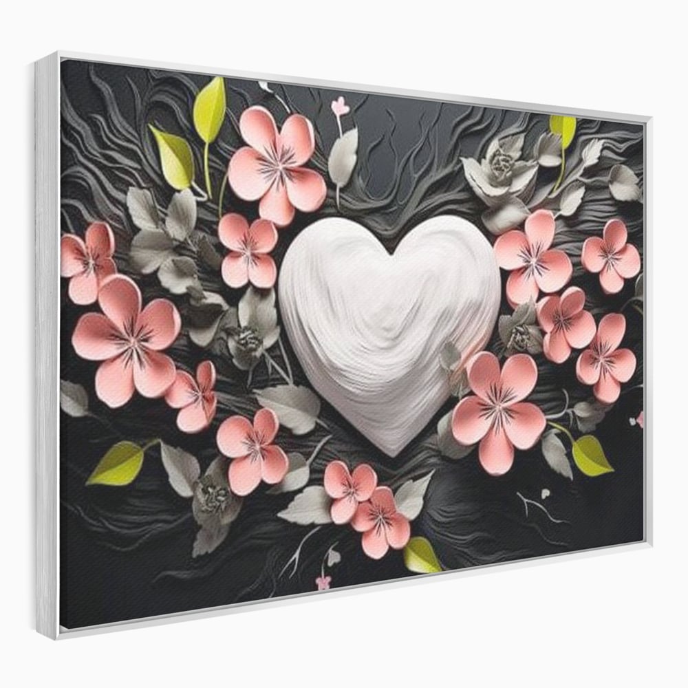 Tablou canvas cu tablou canvas cu inima alba si flori roz, in rama de aluminiu argintiu
