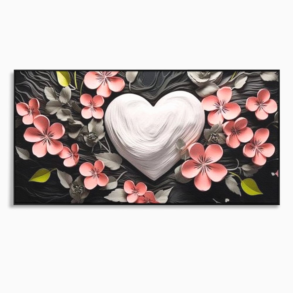 Tablou canvas cu tablou canvas cu inima alba si flori roz, in rama de aluminiu negru