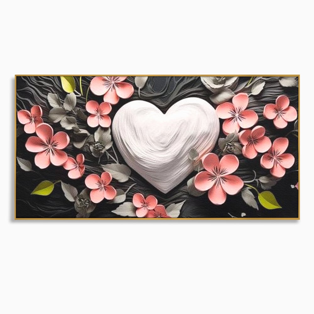 Tablou canvas cu tablou canvas cu inima alba si flori roz, in rama de aluminiu auriu