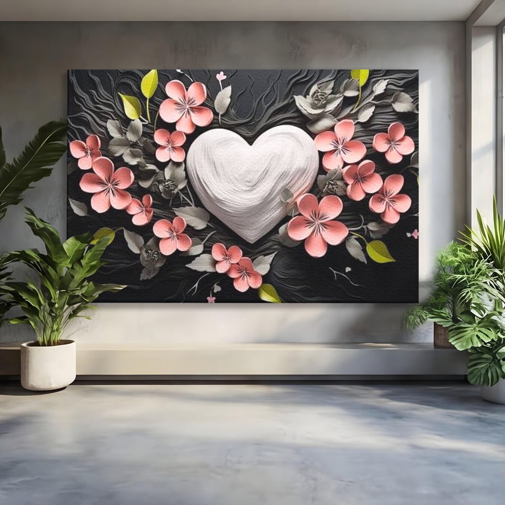 Tablou canvas cu tablou canvas cu inima alba si flori roz, fara rama, pe sasiu de lemn