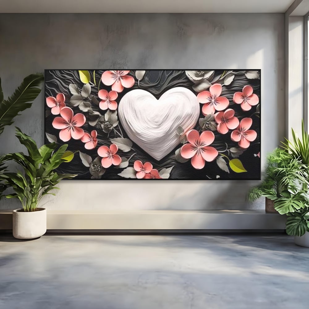 Tablou canvas cu tablou canvas cu inima alba si flori roz, in rama de aluminiu negru