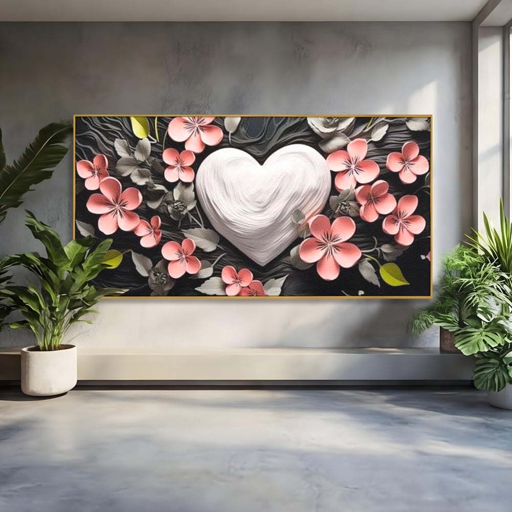 Tablou canvas cu tablou canvas cu inima alba si flori roz, in rama de aluminiu auriu