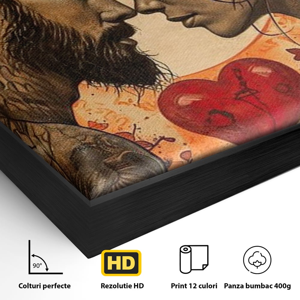 Detaliu al suprafetei: tablou canvas cu un cuplu cu tatuaje si trandafir rosu, in rama de aluminiu negru