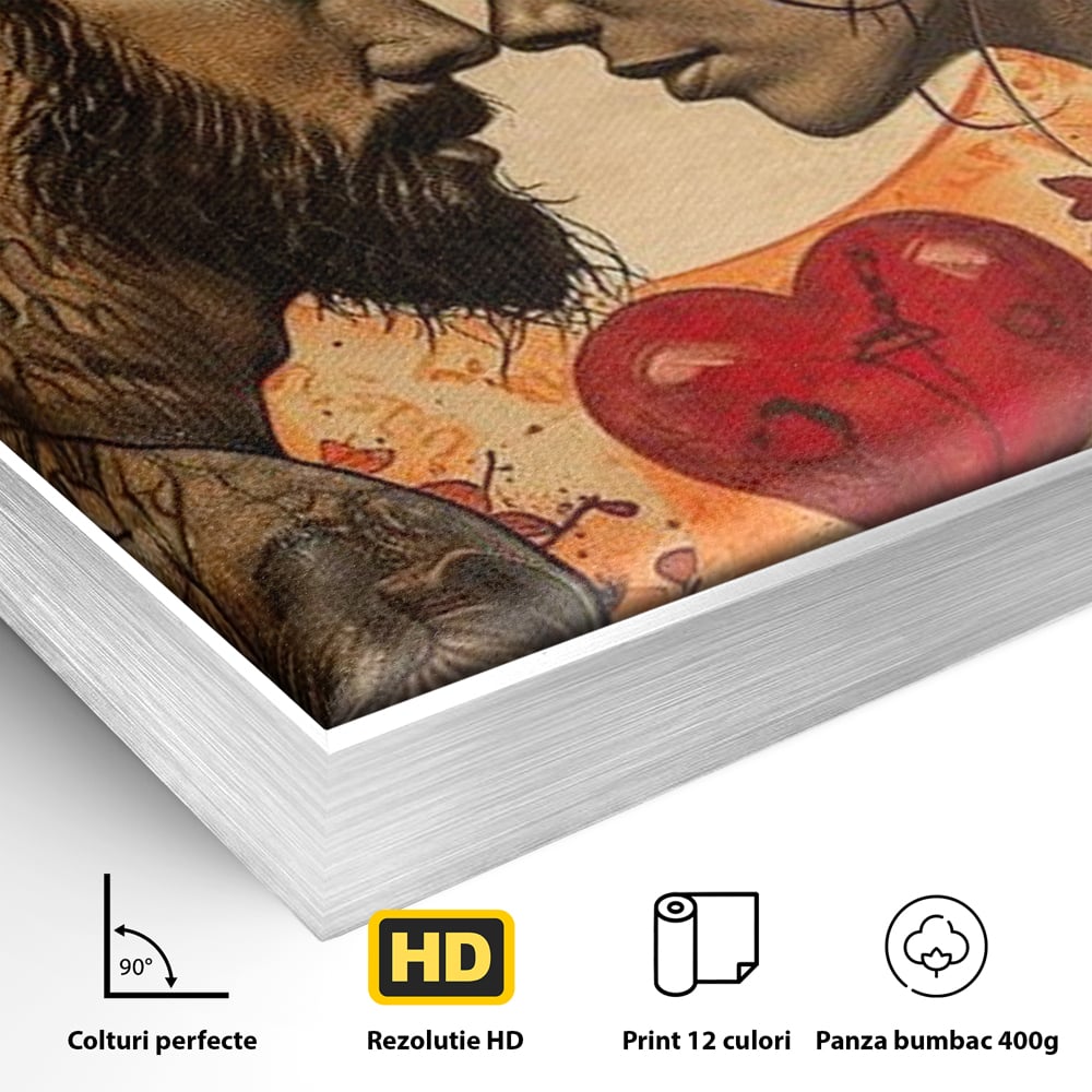 Detaliu al suprafetei: tablou canvas cu un cuplu cu tatuaje si trandafir rosu, in rama de aluminiu argintiu