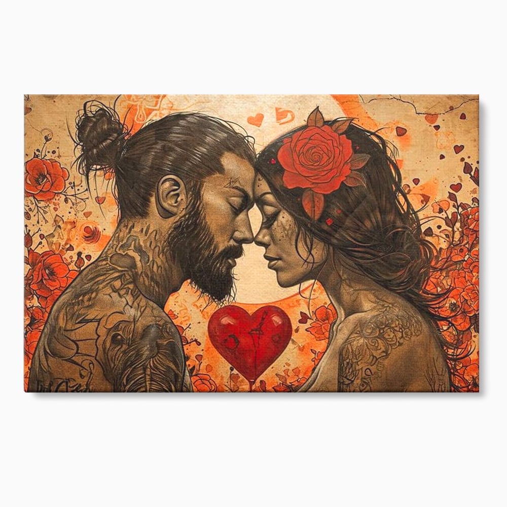Tablou canvas cu tablou canvas cu un cuplu cu tatuaje si trandafir rosu, fara rama, pe sasiu de lemn