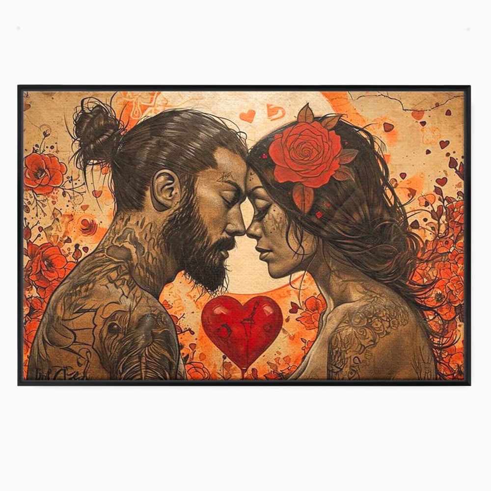 Tablou canvas cu tablou canvas cu un cuplu cu tatuaje si trandafir rosu, in rama de aluminiu negru