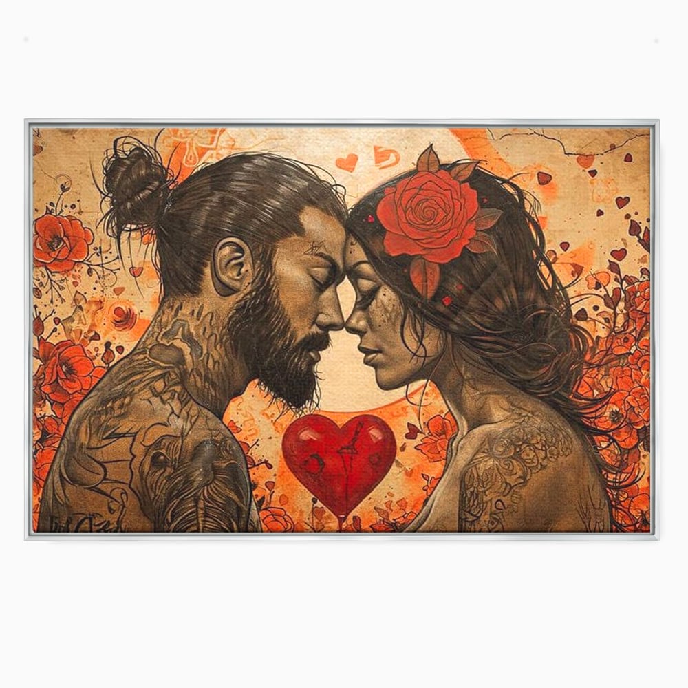 Tablou canvas cu tablou canvas cu un cuplu cu tatuaje si trandafir rosu, in rama de aluminiu argintiu