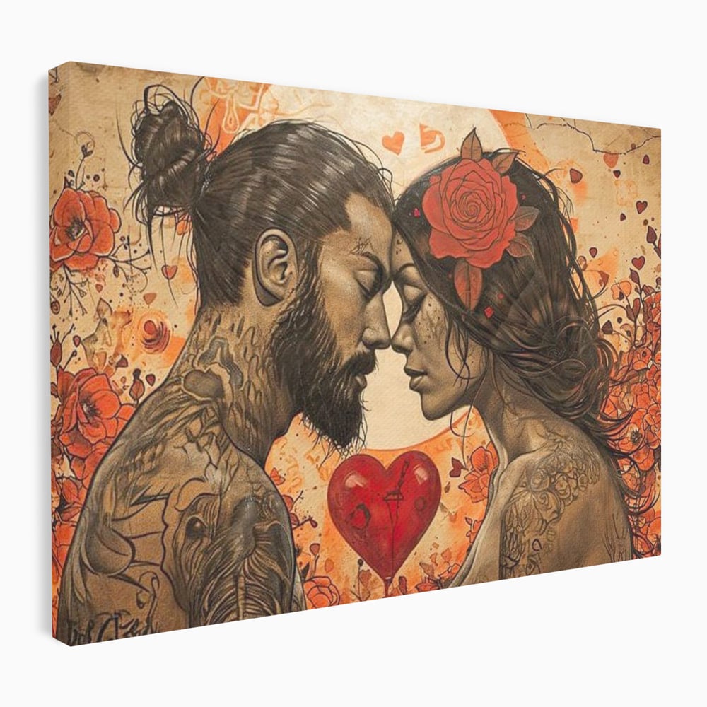 Tablou canvas cu tablou canvas cu un cuplu cu tatuaje si trandafir rosu, fara rama, pe sasiu de lemn