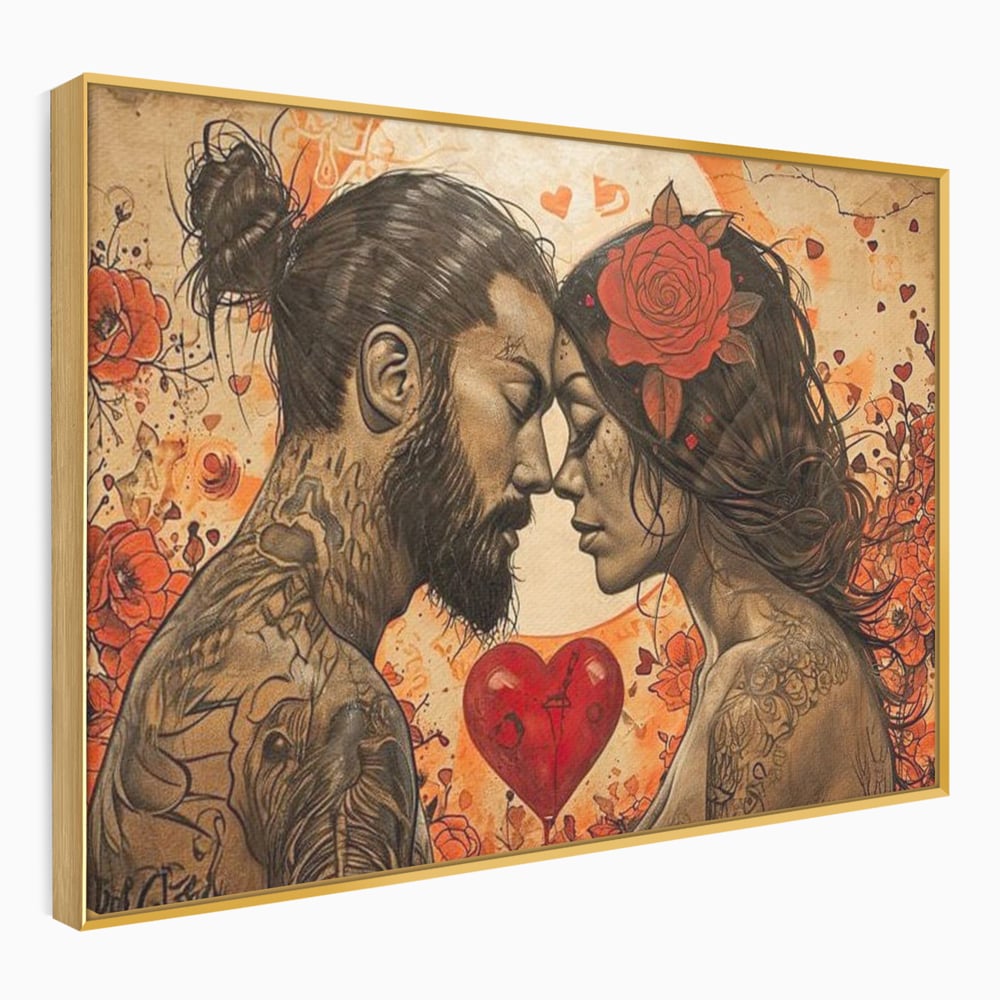 Tablou canvas cu tablou canvas cu un cuplu cu tatuaje si trandafir rosu, in rama de aluminiu auriu