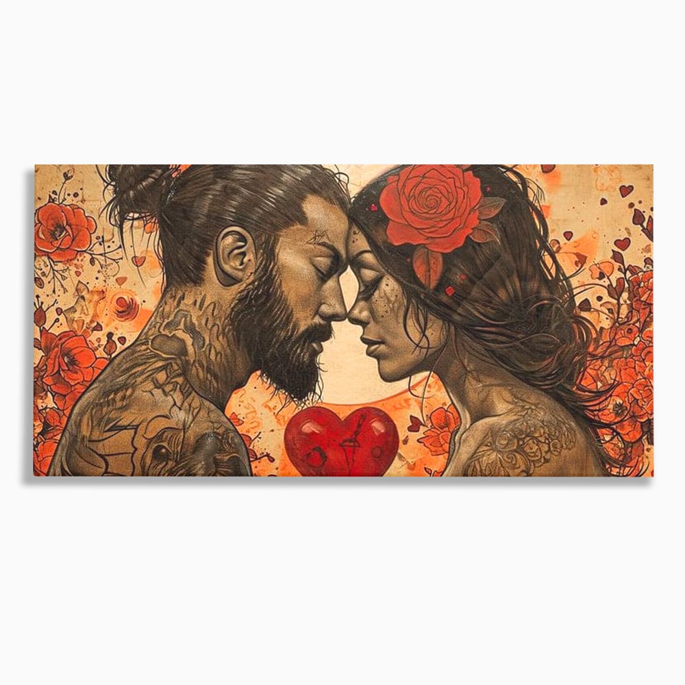 Tablou canvas cu tablou canvas cu un cuplu cu tatuaje si trandafir rosu, fara rama, pe sasiu de lemn