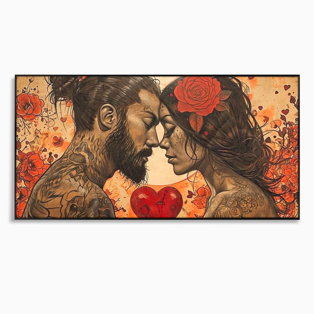 Tablou canvas cu tablou canvas cu un cuplu cu tatuaje si trandafir rosu, in rama de aluminiu negru