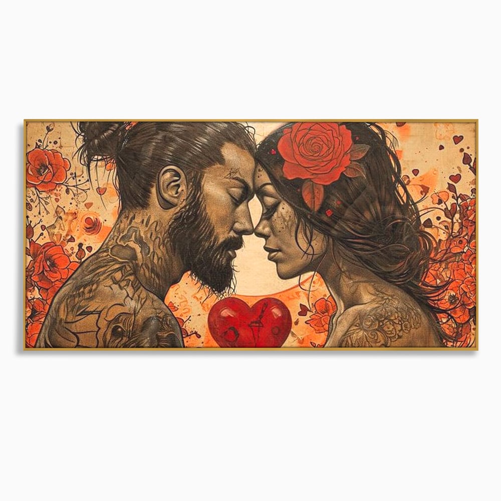 Tablou canvas cu tablou canvas cu un cuplu cu tatuaje si trandafir rosu, in rama de aluminiu auriu
