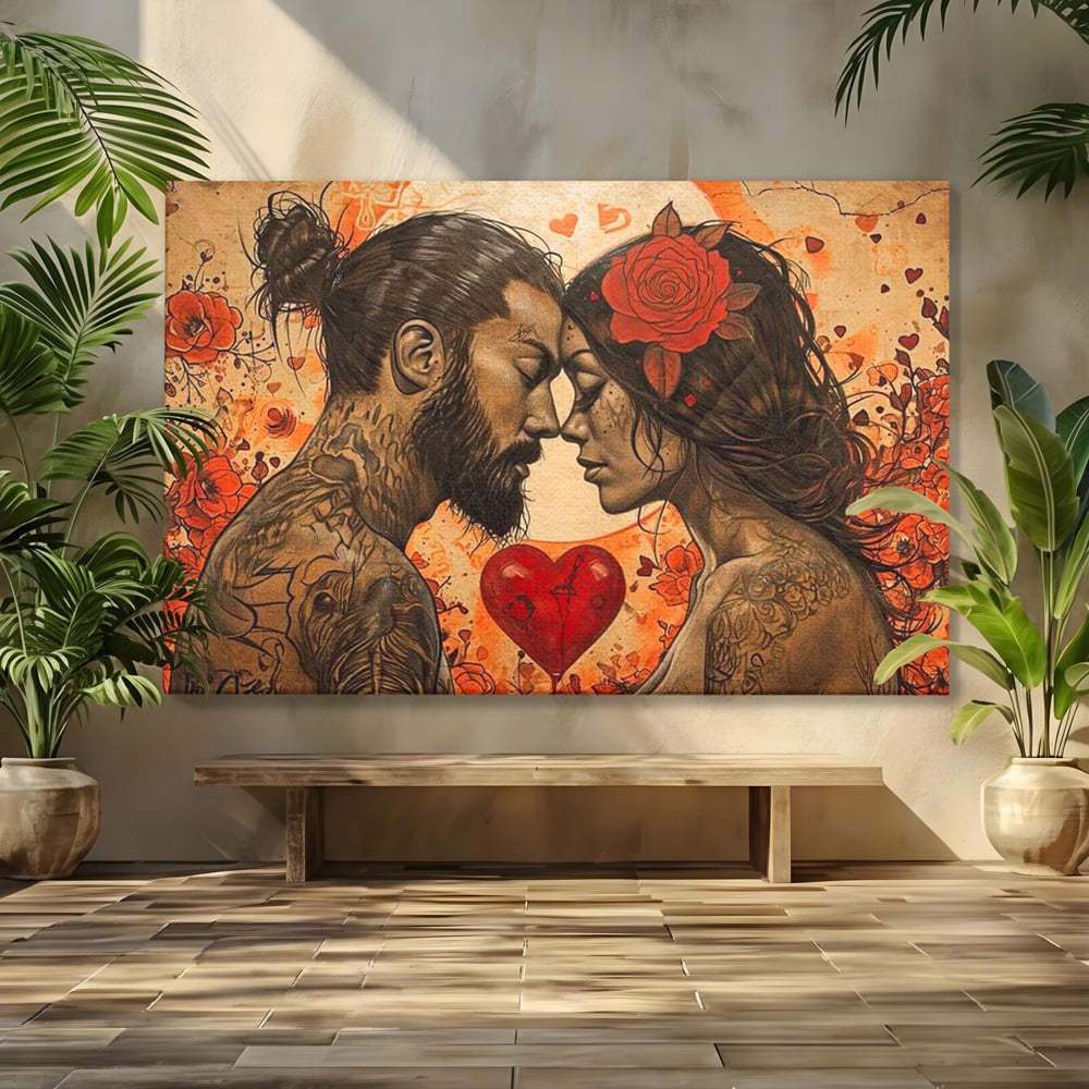 Tablou canvas cu tablou canvas cu un cuplu cu tatuaje si trandafir rosu, fara rama, pe sasiu de lemn