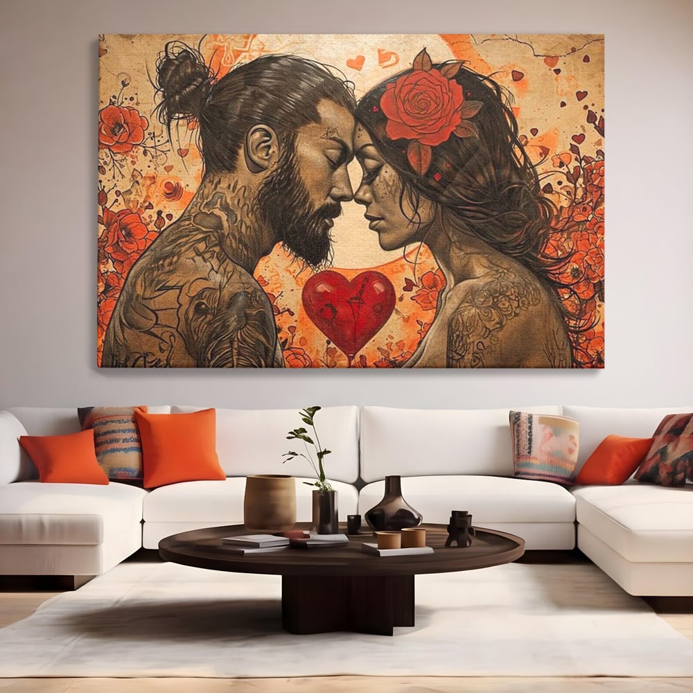 Tablou canvas cu tablou canvas cu un cuplu cu tatuaje si trandafir rosu, fara rama, pe sasiu de lemn, pe perete intr-un living