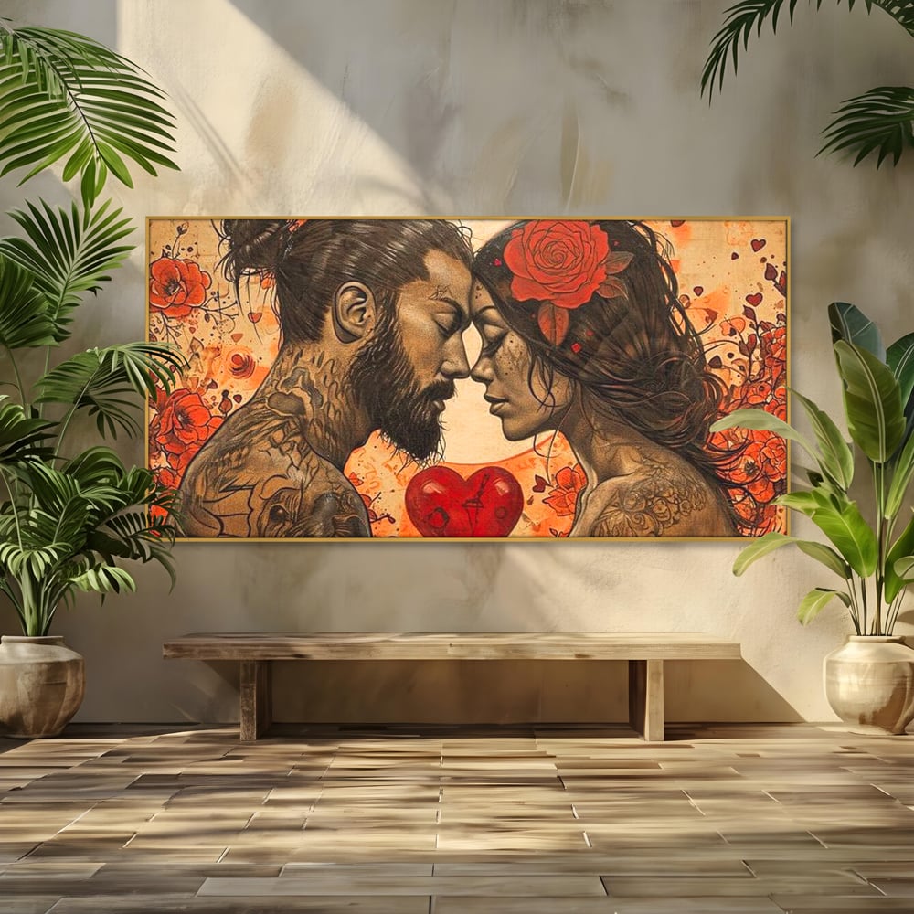 Tablou canvas cu tablou canvas cu un cuplu cu tatuaje si trandafir rosu, in rama de aluminiu auriu