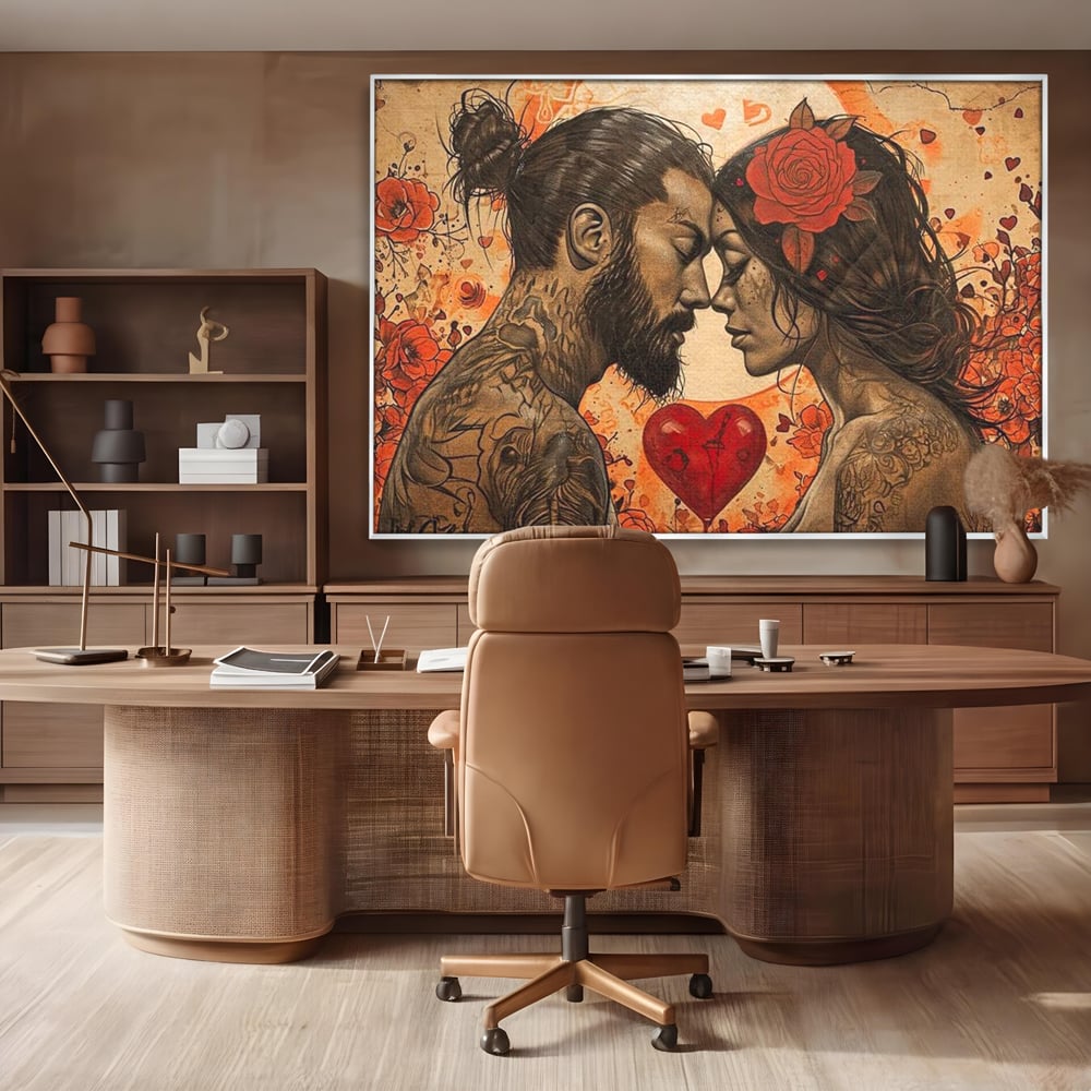 Tablou canvas cu tablou canvas cu un cuplu cu tatuaje si trandafir rosu, in rama de aluminiu argintiu, pe perete intr-un birou