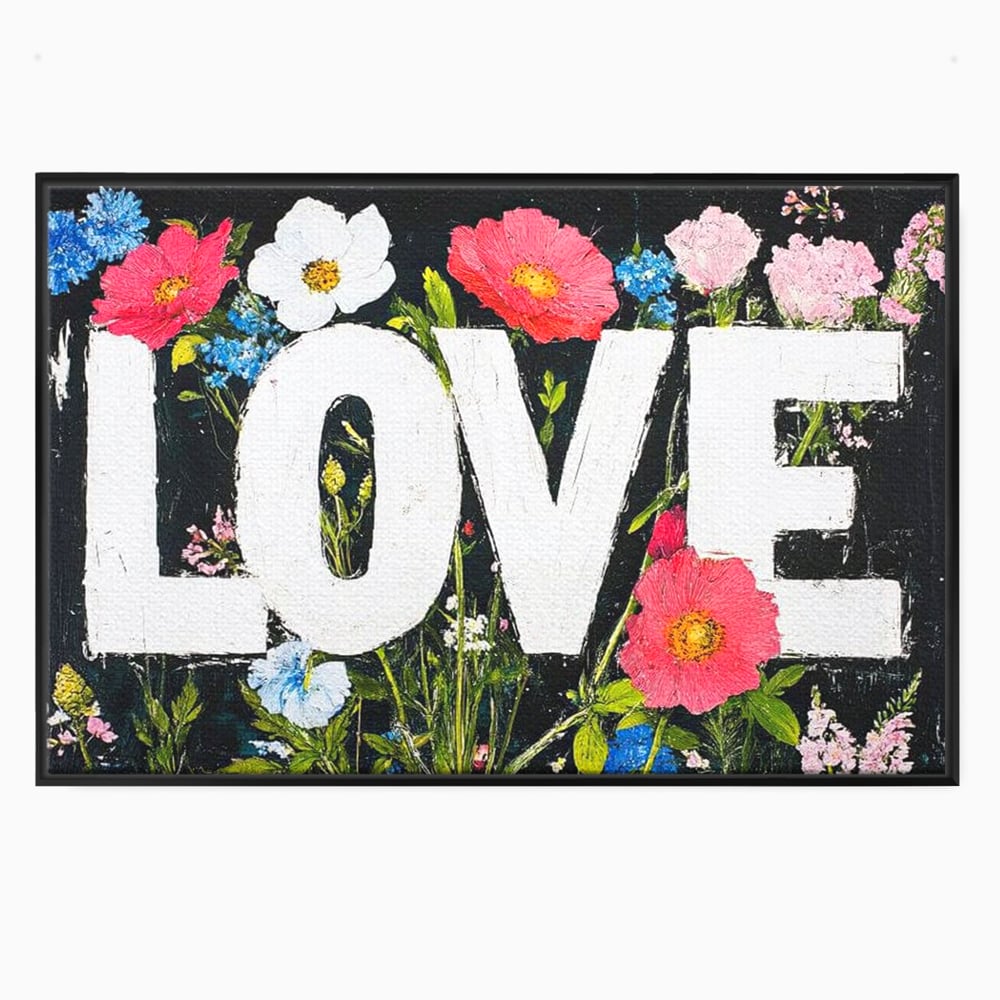 Tablou canvas cu tablou canvas cu flori si cuvantul love, in rama de aluminiu negru