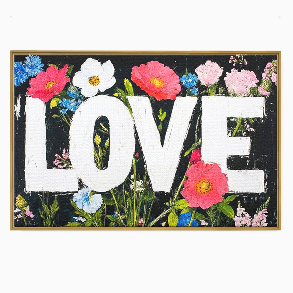 Tablou canvas cu tablou canvas cu flori si cuvantul love, in rama de aluminiu auriu