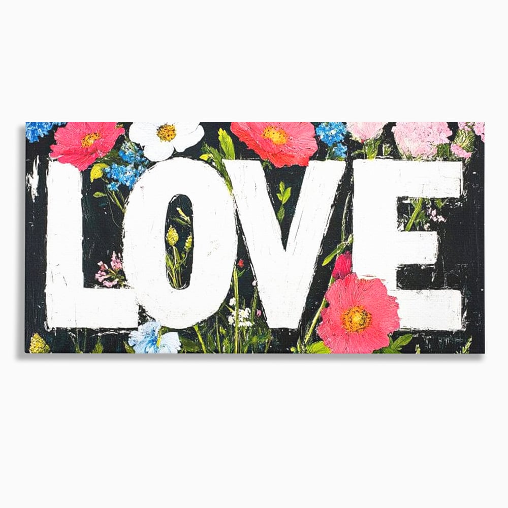 Tablou canvas cu tablou canvas cu flori si cuvantul love, fara rama, pe sasiu de lemn