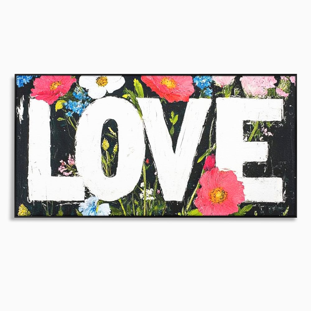 Tablou canvas cu tablou canvas cu flori si cuvantul love, in rama de aluminiu negru