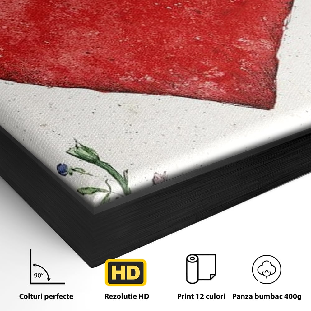 Detaliu al suprafetei: tablou canvas cu inima rosie si flori, in rama de aluminiu negru