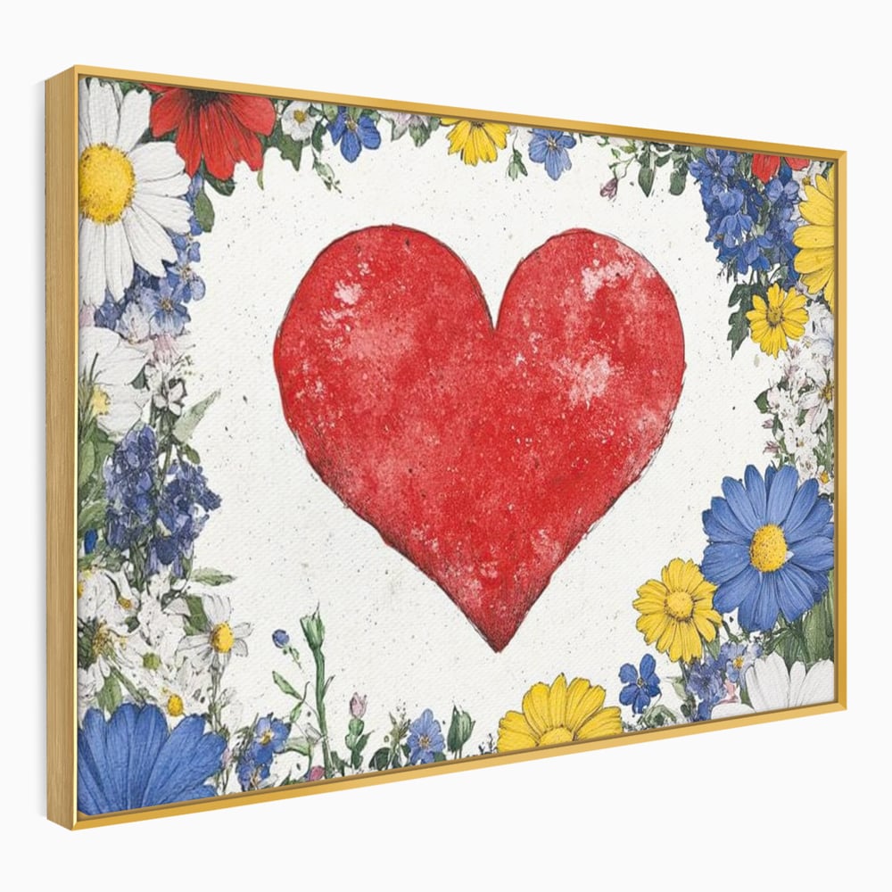 Tablou canvas cu tablou canvas cu inima rosie si flori, in rama de aluminiu auriu