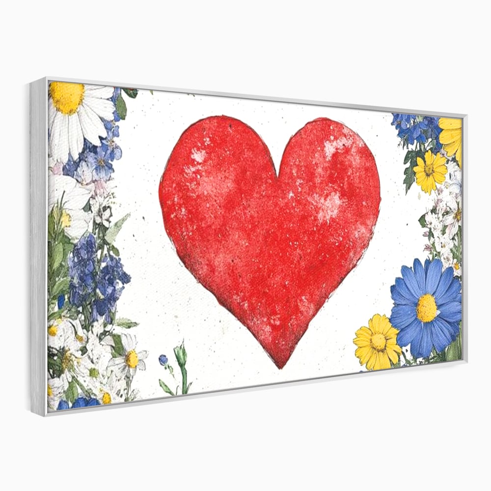 Tablou canvas cu tablou canvas cu inima rosie si flori, in rama de aluminiu argintiu