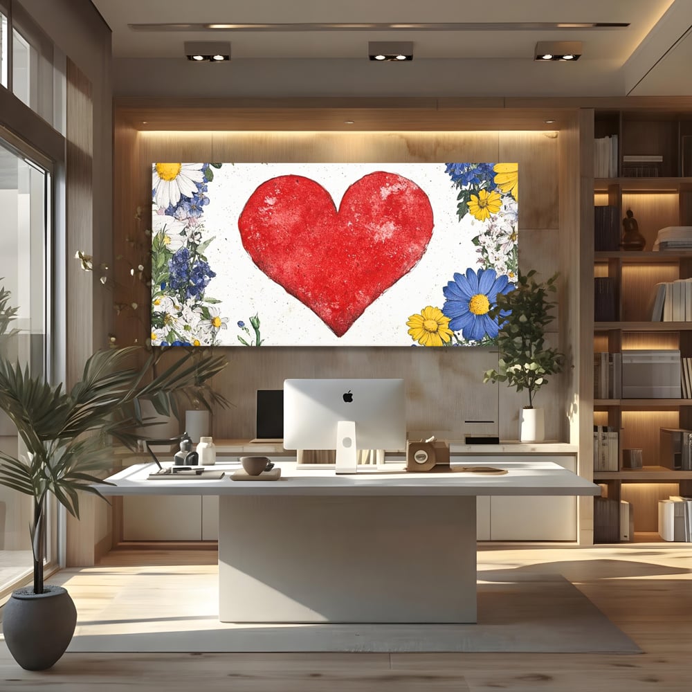 Tablou canvas cu tablou canvas cu inima rosie si flori, fara rama, pe sasiu de lemn, pe perete intr-un birou