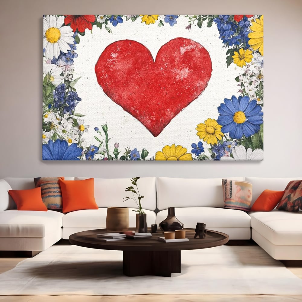 Tablou canvas cu tablou canvas cu inima rosie si flori, fara rama, pe sasiu de lemn, pe perete intr-un living
